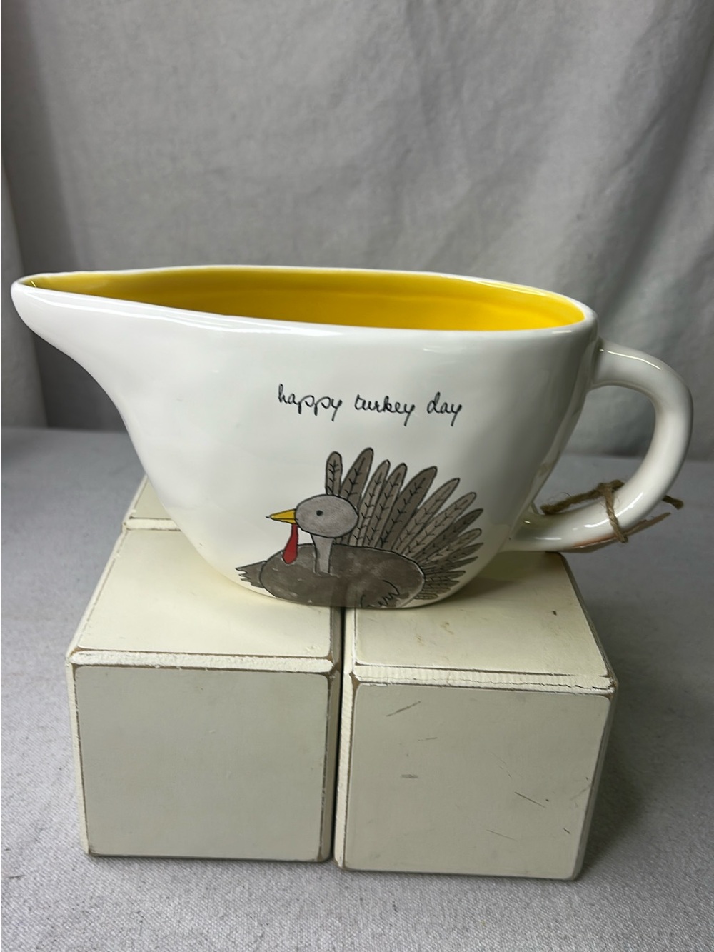 Rae Dunn White Gravy Boat with Yellow Interior and Turkey Motif